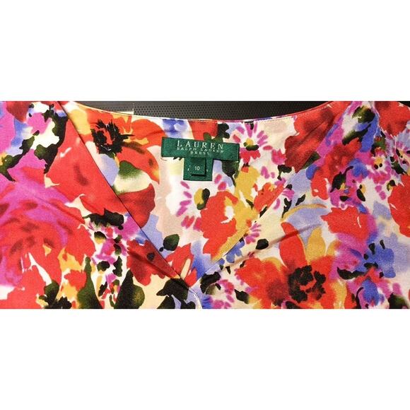 Lauren Ralph Lauren Dress Multi Floral/ Pull On / Ruched Faux Wrap/size 10 - Picture 8 of 9